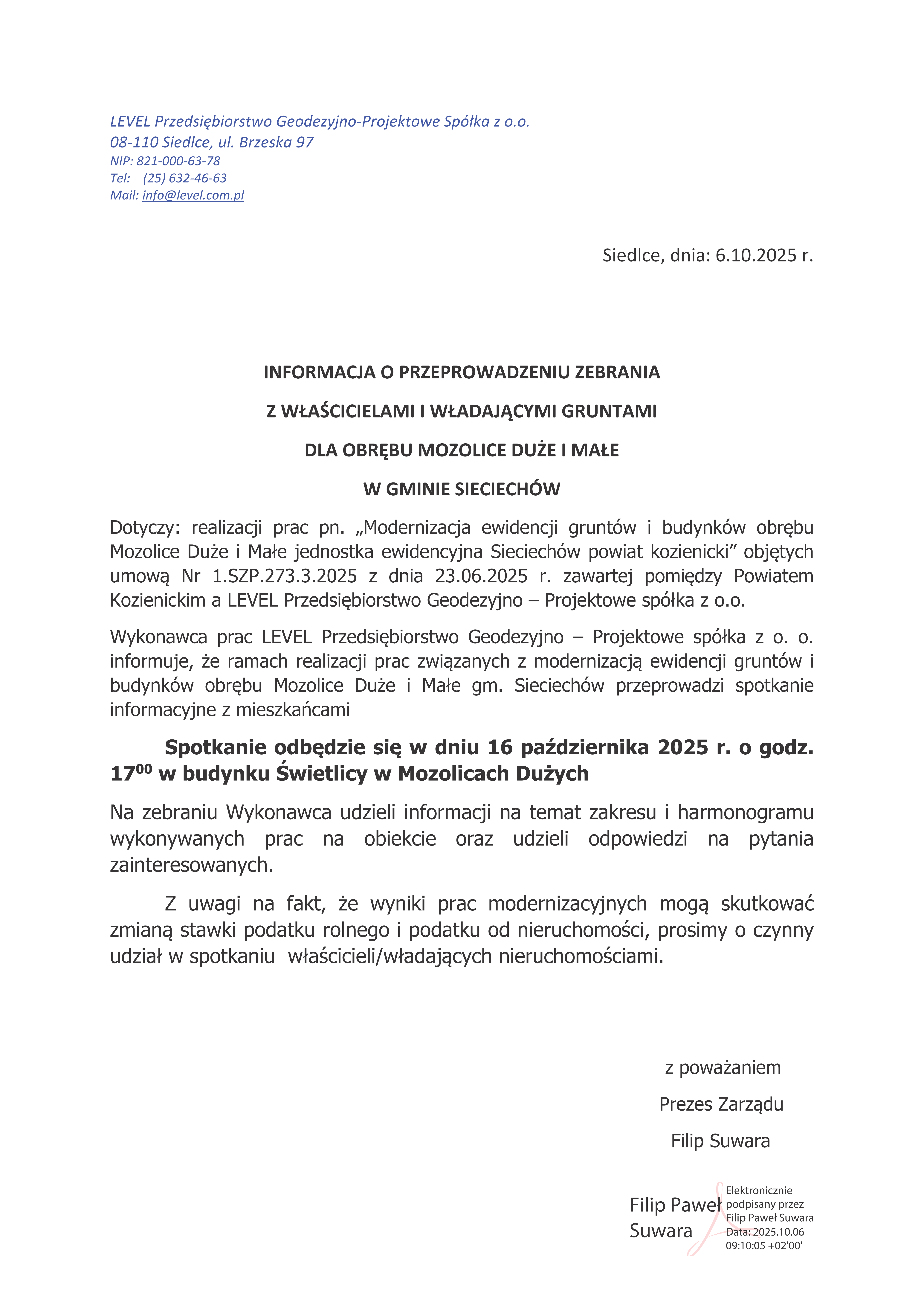 ZEBRANIA Z WŁAŚCICIELAMI I WŁADAJĄCYMI GRUNTAMI DLA OBRĘBU MOZOLICE DUŻE I MAŁE W GMINIE SIECIECH&Oacute;W