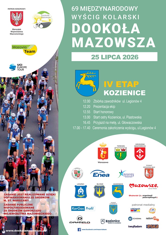 25 lipca w&nbsp;Kozienicach odbędzie się IV etap 69. Międzynarodowego Wyścigu Kolarskiego &bdquo;Dookoła Mazowsza&rdquo;. Wszystkich sympatyk&oacute;w kolarstwa serdecznie zapraszamy do kibicowania na&nbsp;trasie wyścigu! 