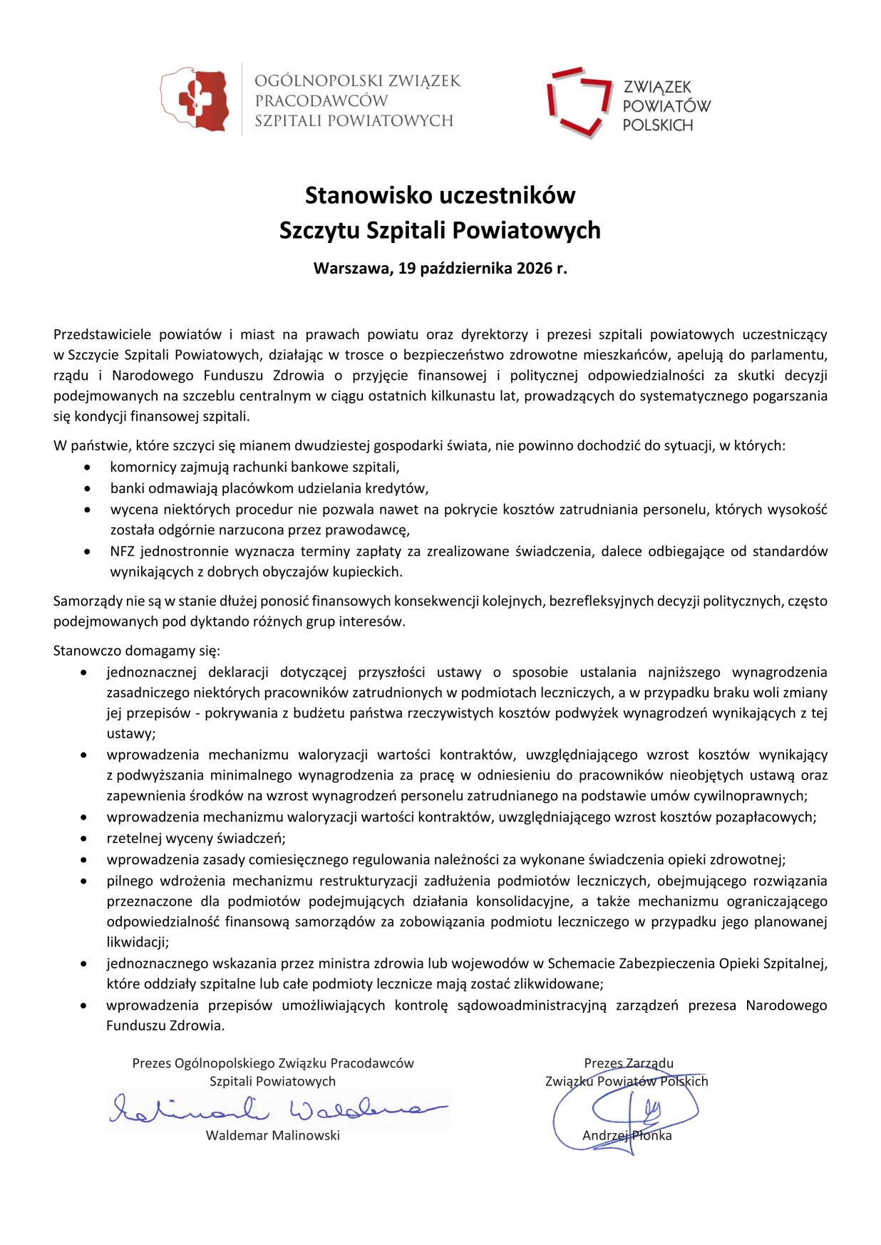 Stanowisko uczestnik&oacute;w Szczytu Szpitali Powiatowych