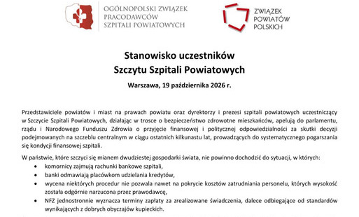 Zdjęcie do STANOWISKO UCZESTNIK&Oacute;W SZCZYTU SZPITALI POWIATOWYCH
